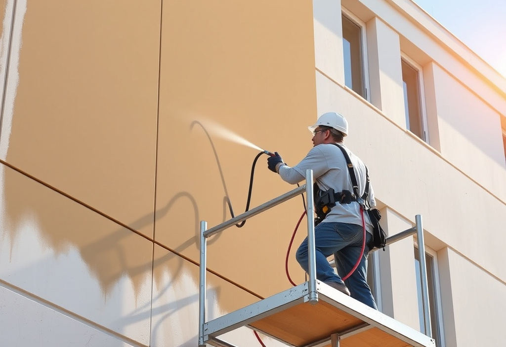 Ouvrier appliquant un traitement hydrofuge sur une façade