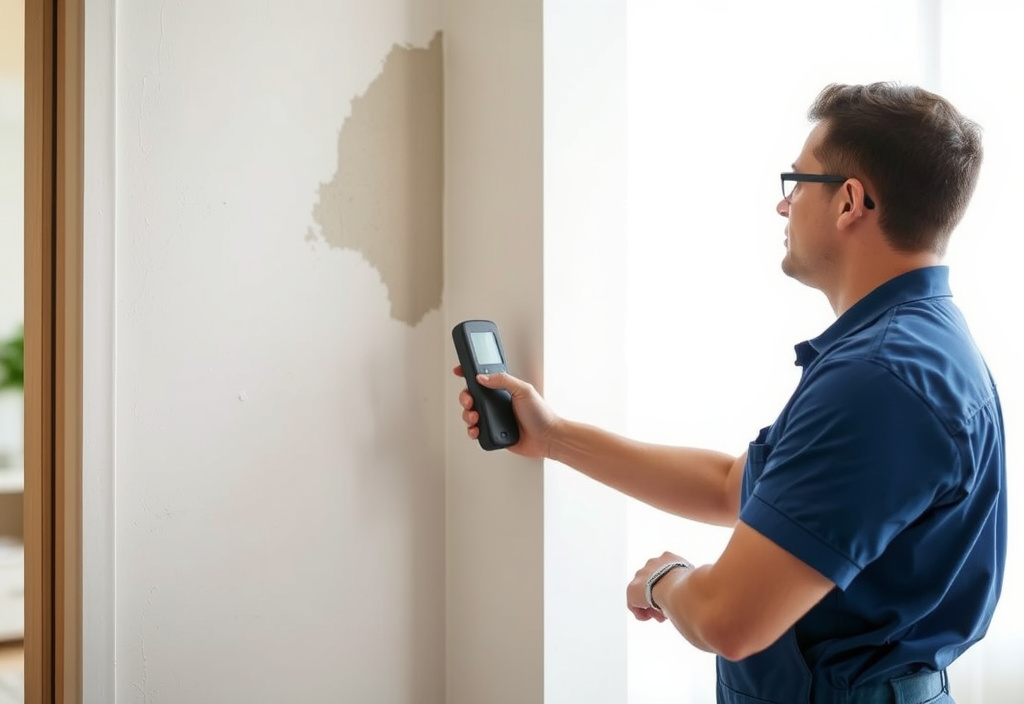Technicien spécialiste humidité réalisant un diagnostic avec un appareil de mesure