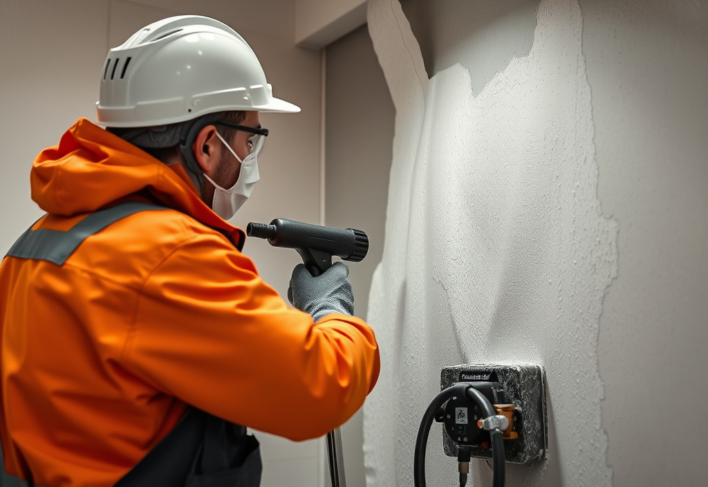 Professionnel appliquant un traitement sur un mur humide